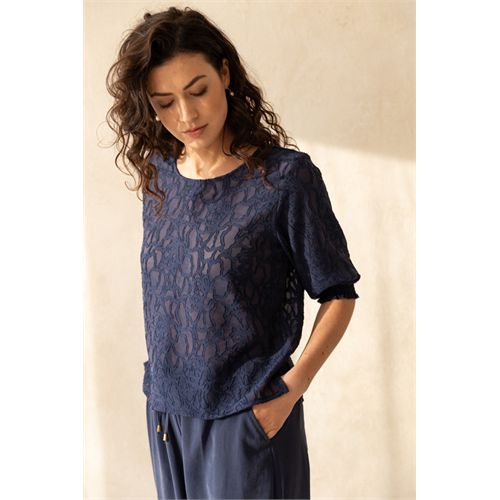 Anotherwoman dameskleding blouses & tunieken - blouse ronde hals. beschikbaar in maat 40,42,44,46 (blauw)