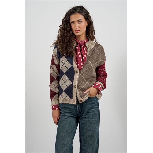 Anotherwoman ladieswear pullovers & vests - multicolored argyle check jacquard knit cardigan. available in size 36,38,42,44,46 (multicolor)