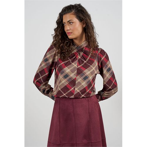 Anotherwoman ladieswear t-shirts & tops - fancy long-sleeve top with a draped neckline in single jersey with a checkered pattern. available in size 36,38,40,42,44,46 (multicolor)